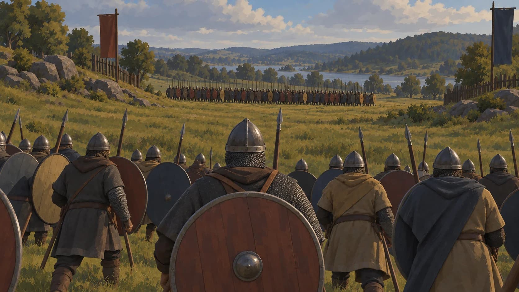 Concept illustration of soldiers facing an opposing shield wall; not gameplay.
