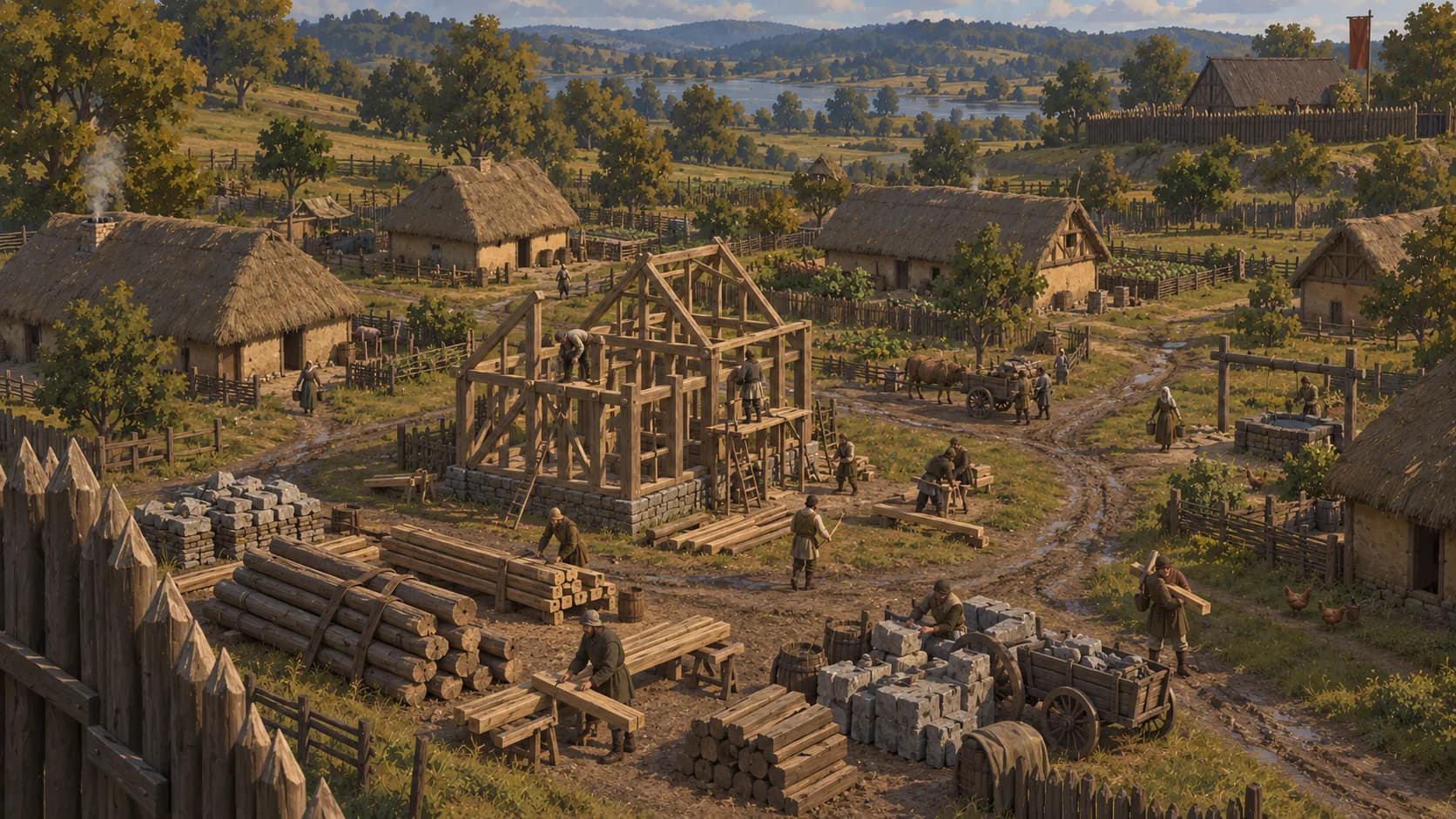 Concept illustration of village construction; not gameplay.
